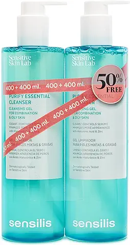 Sensilis - Purify Essential Cleanser, Gel Limpiador Purificante y Matificante, Regula los Niveles de Sebo, con Ácido Hialurónico y Zinc, para Pieles Mixtas y Grasas - 2 x 400 ml  