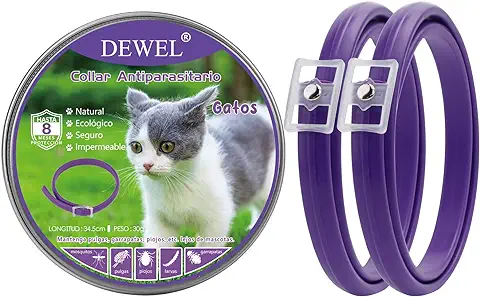 Set de 2 Collar Antipulgas Gatos DEWEL, Protección Efectiva de 8 Meses, Collar Contra Pulgas Garrapatas y Mosquitos, Natural y Seguro para Gatos y Perros Pequeños, 34.5 cm Morado  