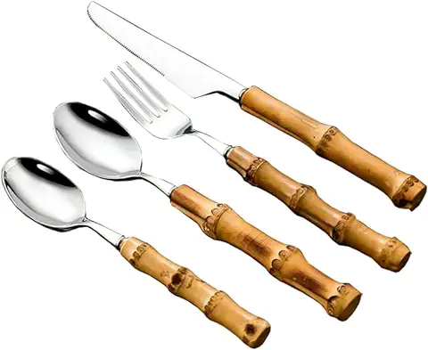 Set de 24 Cubiertos con Mango de Bambú Natural de Acero Inoxidable. Incluye: 6 Cuchillo de Mesa, 6 Cuchara de Mesa, 6 Tenedor de mesa y 6 Cuchara de Café Postre.  