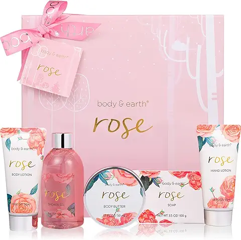 Set de Baño Mujer, Body & Earth Caja de Rgalo Mujer 5 Piezas Fragancia a Rosas Incluye Gel de Ducha, Manteca Corporal, Crema de Manos, Loción Corporal y Jabón Cestas Regalo Mujer Ideal para Hogar Spa  