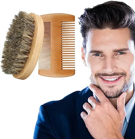Set De Cepillo Barba Y Peine Barba Hombre, Cepillo Para Barba Cerdas de Jabalí y Peine a Juego, Peine de Madera para Barba, Cepillo para Barba, Peine para Barba, Apto para Barbas, Cabellos, etc  