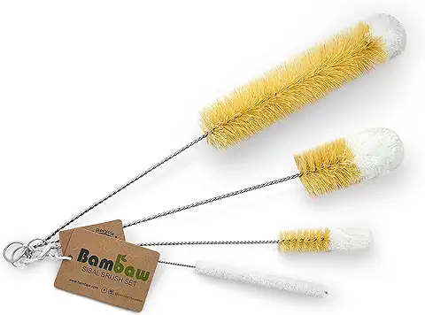 Set de Cepillos Limpia Botellas para Cristalería | Cuatro Cepillo Limpieza | Lava Botellas de Fibras Naturales | Brocha Limpieza con Punta de Cotón | Set Limpia Biberones | Bottle Brush | Bambaw  