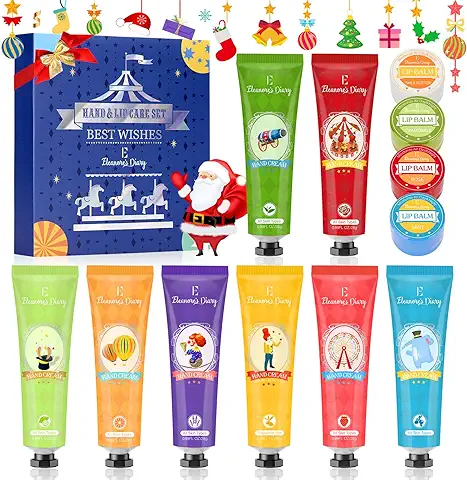 Set de Crema de Manos, Caja de Regalo Navidad, Eleanore's Diary Set de Regalo de 8 PCS Crema de Manos y 4 PCS Bálsamo Labial, Hand Cream Nutritiva con Vitamina C y E, Regalos Navidad para Mujeres  