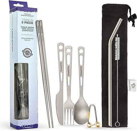 Set de Cubertería de Titanio Fuerte y Liviano, 3/4/5 Piezas Saludables y Ecológicas con Paja Palillos, Cuchillo, Tenedor y Cuchara para uso en el Hogar/ Cubertería para Acampar en Estuche (5 Piece)  