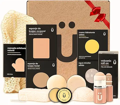 Set de Cuidado Corporal NATURBRÜSH - Kit de Regalos Originales para Mujer - 7 Productos Naturales - Agua Micelar, Crema Hidratante, Guante Exfoliante Corporal, Esponjas Konjac - Caja de Belleza  