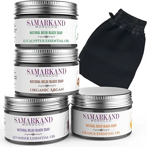 Set de Jabón Negro Marroquí para Hammam con Aceite de Argan Ecológico, Eucalipto, Naranja y Lavanda + Guante Manopla Kessel-Kessa - Natural Beldi para la Exfoliación e Hidratación Corporal 400g  