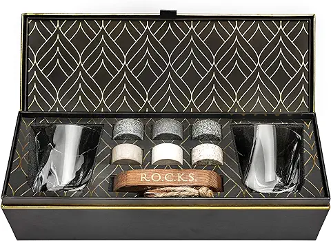 Set de Regalo de Piedras Refrigerantes para Whisky - 6 Piedras de Granito, Hechas a Mano - 2 Vasos de Cristal Elegante Bandeja de Madera Noble - Caja de Regalo Adornada con Oro  