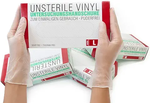 SF Medical Products GmbH Guantes de Vinilo 100 pcs caja (L, Transparente), Guantes de Examen Desechables, Libres de Látex y Polvo, Sanitarios para la Limpieza de la Cocina, no Estéril  