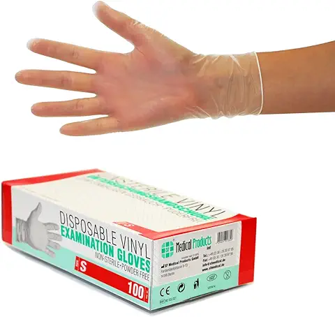 SF Medical Products GmbH Guantes de Vinilo 100 pcs caja (S, Transparente), Guantes de Examen Desechables, Libres de Látex y Polvo, Sanitarios para la Limpieza de la Cocina, no Estéril  