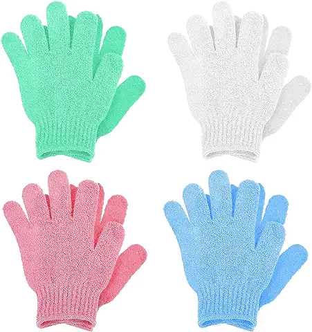 Sibba 4 Pares de Guantes de Baño para Ducha, Guantes Exfoliantes de lufa Natural para Cuerpo y cara Removedor de piel Muerta Guantes de Microfibra de Doble cara para Adultos y Niños  