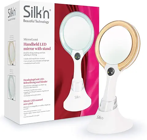 Silk'n MirrorLumi, Espejo de Maquillaje de dos Caras, Sin Aumento y con Aumento 5x, Iluminación LED, 2 Tipos de luz, Para Sostener a mano o Sobre el Soporte, Ø 10 cm, MLU1PEU001  