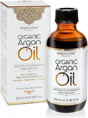 Simon&Tom Argán Oil - Aceite de Argán Orgánico Puro de Marruecos - Hidratante Corporal para el Cuidado de la Piel Seca - Apto para Pelo, Cara, Uñas y Cutículas con Vitamina E - Prensado en Frío/100ml  