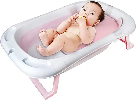 Sinbide Bañera Evolutiva para Bebés Recién Nacidos Plegable Bañera de Niños Pequeños Antideslizante Multifuncional Indicador de Temperatura Con Cojín y Tapón para Drenar y Ranura Almacenamiento (Rosa)  
