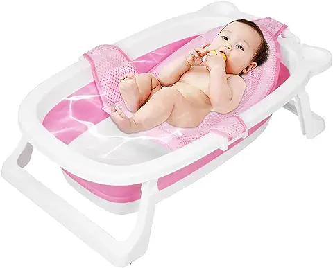 Sinbide Bañera para Bebés Plegable, Multifuncional Bañera de Niños Pequeños con Termómetro, Cama de Baño y Juguetes, Bañera Antideslizante para Bebé Recién Nacido, Bañera de Niños 0-8 Años (Rosa)  
