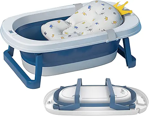 Sinbide Bañera Plegable para Bebé Recién Nacido con Soporte del Asiento Bañera de Niños con Temperatura Inteligente Cojín Cómodo Portátil Lavabo para Bebes Alfombrilla Antideslizante (Azul)  