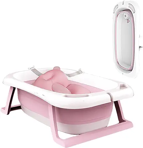 Sinbide Plegable Bañera para Bebé Recién Nacido con Alfombrilla Antideslizante Bañera de Niños Soporte del Asiento con Cojín Cómodo y Temperatura Inteligente Portátil Lavabo para Bebés (Rosa)  