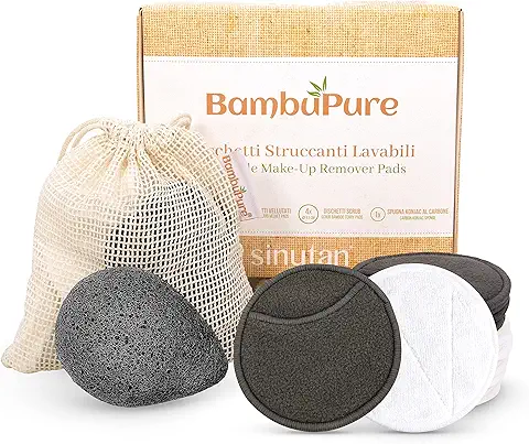 Sinutan® | Discos Desmaquillantes | 16 Discos Desmaquillantes Reutilizables | Con Bolsa de Lavado | Hechos en Fibra de Bambú | Desmaquillante Facial | Lavables (KONJAC NEGRO)  