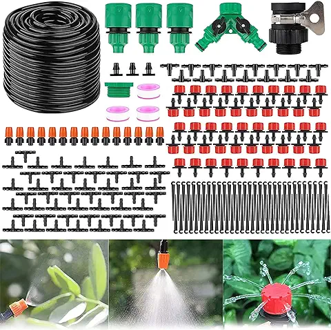 Sistema de Riego de Jardín, 203Pcs Kit de Riego por Goteo 50M Ajustable Micro Sistema Riego Automático Rociadores para Jardín, Macizo de Flores, Terraza, Paisaje, Invernadero  