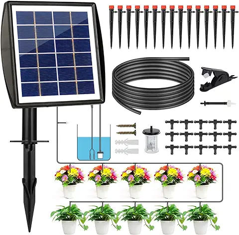 Sistema de Riego Jardín Energía Solar, Kit de Riego por Goteo Automático con 15M Manguera y Gotero, Sistema de Micro Riego Automático de Jardín para el Paisaje Invernadero Césped Patio Terraza  