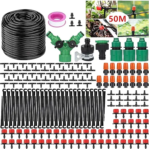Sistema de Riego para Jardín 50 m, 200 Unidades, Sistema de Riego Automático por Goteo, Sistema de Refrigeración para Paisajes, Camas de Flores y Plantas de Terraza (50M)  