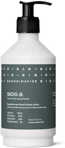 Skandinavisk SKOG Loción Orgánica para Manos y Cuerpo 'Forest'. Notas de Fragancia: Agujas de pino y Conos de Abeto, Savia de Abedul y Lirio de los Valles. Vegano. 450 ml  
