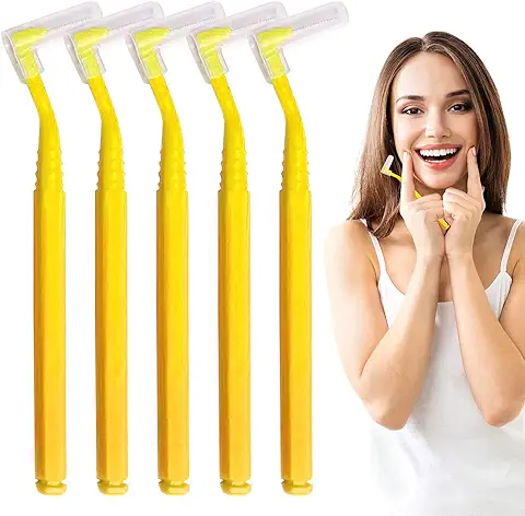 SKHAOVS 40 Piezas Cepillo Interdental en Forma de L,0.7 mm Interdentales con Mango Antideslizante,Interproximales Dentales Eliminador de Sarro Dental,Limpieza Interespacial(Amarillo)  