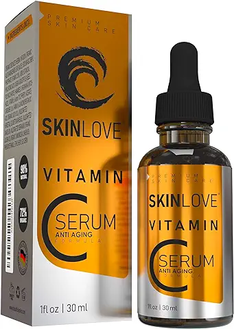 SKINLOVE® - 30% de Vitamina C con Hialurónico, Vitamina E, Aceite de Joja, alta Dosis, Antienvejecimiento, Sérum Antiarrugas, Ingredientes Naturales, sin Parabenos, Vegano, Fabricado en Alemania  