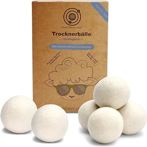 Small Planet AMZ Juego de 6 Bolas de Secado Ecológicas, Color Blanco, Certificado TÜV SÜD, para Secadora – 100% lana de Oveja Neozelandesa Premium, Extremadamente Compactas  