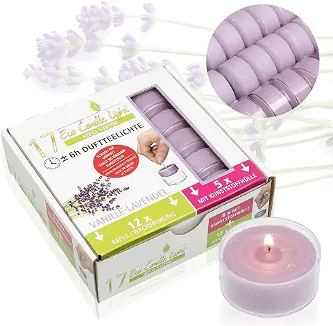 Smart-Planet® Juego de 17 Velas de té Ecológicas de Vainilla y Lavanda, 17 Hojas de Cera, 5 en Funda de Plástico, Recarga de Vela, Aroma de vela  