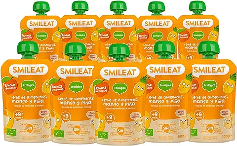 Smileat | Pouch de Leche de Almendra, Mango y Piña para Niños | Con Ingredientes Naturales y Bebibles | Sin Lactosa, Azúcares ni Gluten | Para Bebés a Partir de los 9 Meses | 10 x 100 g | 1000 g  