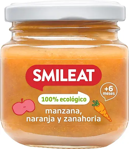 Smileat - Tarrito Ecológico de Frutas y Verduras, Ingredientes Naturales, para Bebés Desde 4 Meses, Sano y Saludable, sin Gluten, Sabor a Manzana, Naranja y Zanahoria - Tarro de 130 g  