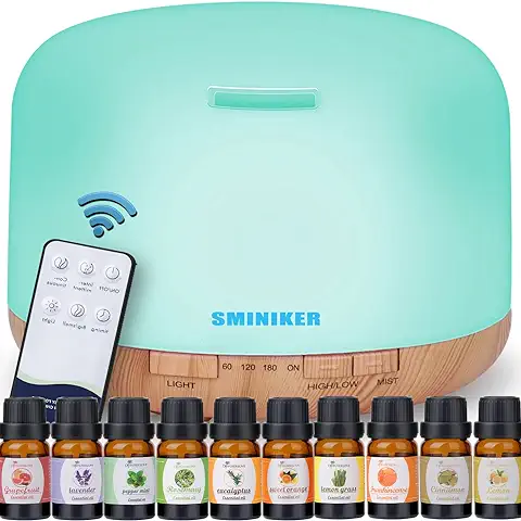 Sminiker Difusor de Aceite Esencial de 500ML Modo de Pulverización Ajustable y Apagado Automático sin Agua con Control Remoto Inalámbrico, Difusor de Hogar de 7 Colores de luz LED, Multicolor  