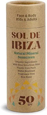 Sol De Ibiza Plastic Free Stick- Protector Solar Mineral Sólido SPF50 - Cara & Cuerpo - Ingredientes Naturales - Óxido de Zinc Non Nano - Vegano - Adultos & Niños - 45g  