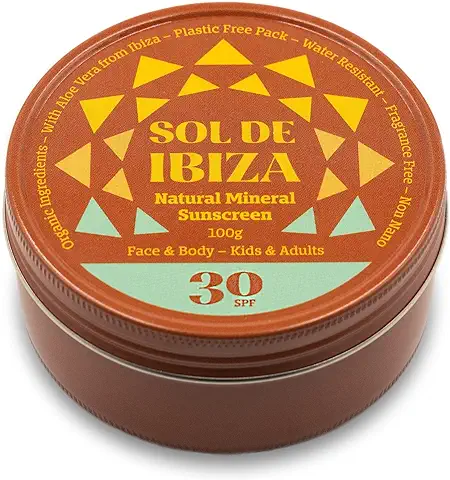 Sol De Ibiza - Protector Solar Mineral SPF30 - Cara & Cuerpo - Ingredientes Naturales - Óxido de Zinc Non Nano - Vegano - Resistente al agua - Adultos & Niños - 100g - NUEVA TEXTURA CREMOSA  