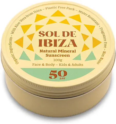 Sol De Ibiza - Protector Solar Mineral SPF50 - Cara & Cuerpo - Ingredientes Naturales - Plastic Free - Óxido de Zinc Non Nano - Vegano - Deportes - Adultos & Niños - 100g  