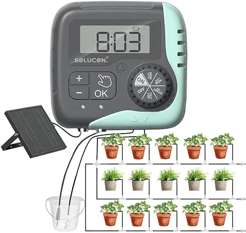 Solucontech Sistema de Riego Solar – Riego Automático por Goteo para Hasta 15 Plantas con Manguera de 15 m para Jardín y Plantas de Balcón al aire Libre, Incluye Pantalla LCD, Fácil Instalación  