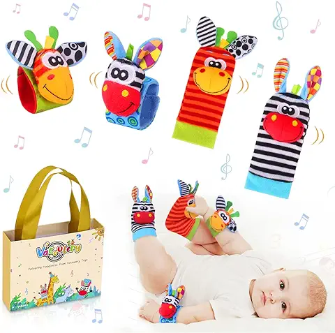 Sonajero Calcetines y Muñequeras para Bebé, Sonajero Toys con Buscador de Muñeca y Pie Juguetes de Animales Suaves y Bonitos para Recién Nacidos Niños Bebés (2 Pulseras y 2 Calcetines)  