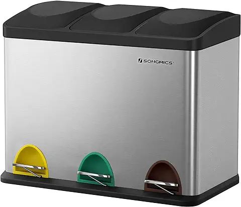 SONGMICS Cubo de Basura, Cubo Basura Pedal Reciclaje, Cubo Basura 45 L Metal, Separación de Residuos para Cocina, Duradero, 3 x 15 L, Acero Inoxidable, Plata y Negro LTB45L  
