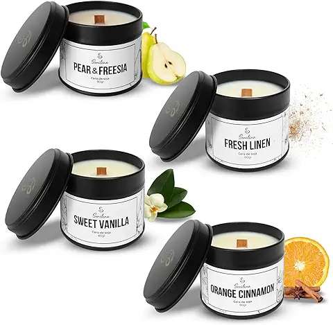 SORILINA Set 4 Velas Aromáticas Diferentes con Caja Regalo y Cerillas: Caneja Naranja, Pera Freesia, Ropa Limpia y Vainilla Hecho a Mano Soja Mecha Madera Crepitante 80gr/u 20h/u (4 Aromas)  