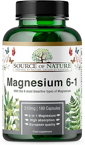Source of Nature® | Magnesio 6-en-1 210mg | 6 Tipos de Magnesio | 180 Cápsulas | Suministro para 3 Meses | Con Magnesio -L-treonato, Malato, Taurato, Bisglicinato, Citrato y -Óxido  