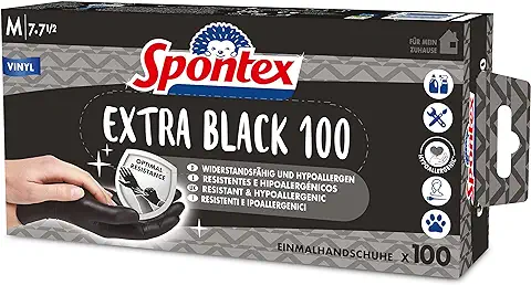 Spontex Extra Black - Guantes Desechables de Vinilo, sin Polvo y sin Látex, Versátiles, en Práctica caja Dispensadora, Talla M, Paquete de 100 Unidades, Color Negro  