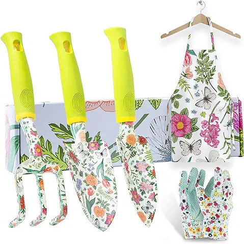STANEW Herramientas Jardineria de 5 Piezas,de Jardinería con asa con Estampado,Kit Jardineria Mujer, para Aflojar el Suelo,Desherbar, Trasplantar Flores y Verduras  