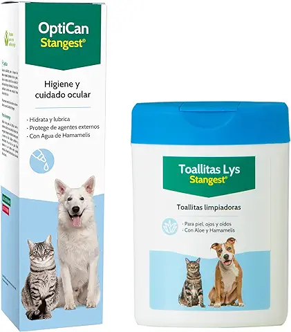 STANGEST Pack OptiCan + 40 Toallitas LYS | Limpiador de Ojos Perros y Gatos | Toallitas Limpiadoras de Piel, Ojos y Oídos | Efecto Hidratante y Calmante | Cuidados Mascotas  