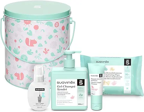 Suavinex 306731 Cubo Metalizado de Cosmética Regalo para Recién Nacido con Gel - Champú Syndet, Pomada Pañal Intensiva, Fragancia Baby Cologne y Toallitas, 4 Productos, Color Rosa  