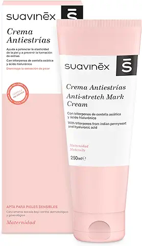Suavinex, Crema Antiestrías Embarazo, Previene las Estrías, Potencia la Elasticidad, Calma el Picor, Apta Pieles Sensibles, Aroma Suave, Fácil Absorción, 92% Ingredientes de Origen Natural, 250 ml  