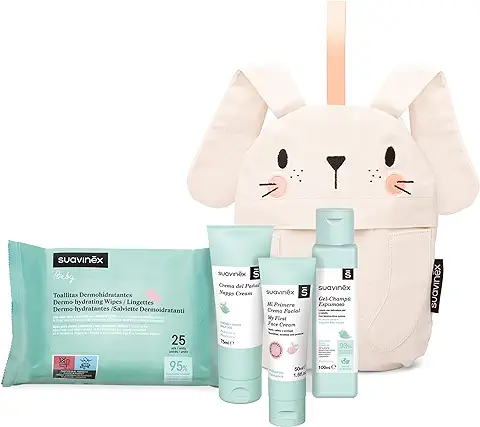 Suavinex, Neceser Bebé, Set Regalo Bebé Recién Nacido con: Crema del Pañal, 75 ml + Gel Champú Espumoso 100 ml + Crema Facial 50 ml + Toallitas Dermohidratantes 25 uds. Formato Viaje, Conejo, Rosa  