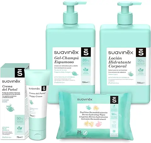 Suavinex, Pack Cosmética Gran Formato. Incluye: Gel-Champú Espumoso 750 ml + Loción Hidratante 750 ml + Crema Pañal 75 ml + Pack Toallitas 25 uds. Pack Bebé Recién Nacido, 4 Productos  