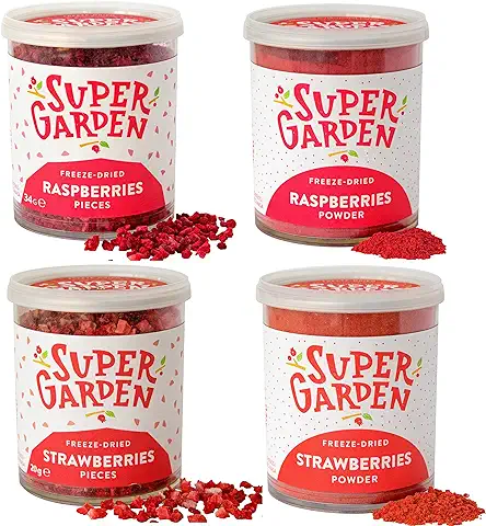 Super Garden Conjunto para Espolvorear - Frambuesa y Fresa Liofilizadas en Trocitos y Polvo - Producto 100% puro y Natural - Sin Azúcares, Aditivos Artificiales ni Conservantes Añadidos  