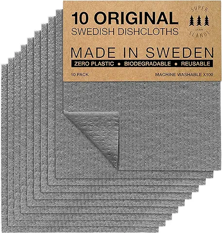 SUPERSCANDI | Bayeta Sueca Super Absorbente, Reutilizable Y Ecologica | Paños De Cocina Biodegradables De Celulosa Y Algodón | Bayeta Cocina | Trapo Cocina, Limpieza | Pack x10, Gris  