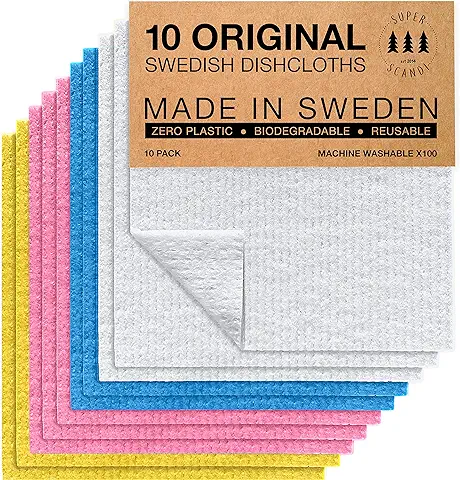 SUPERSCANDI | Bayeta Sueca Super Absorbente, Reutilizable Y Ecologica | Paños De Cocina Biodegradables De Celulosa Y Algodón | Bayeta Cocina | Trapo Cocina, Limpieza | Pack x10, Multicolor  